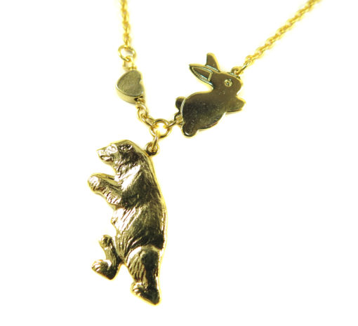 gold plated bear with bunny and heart necklace