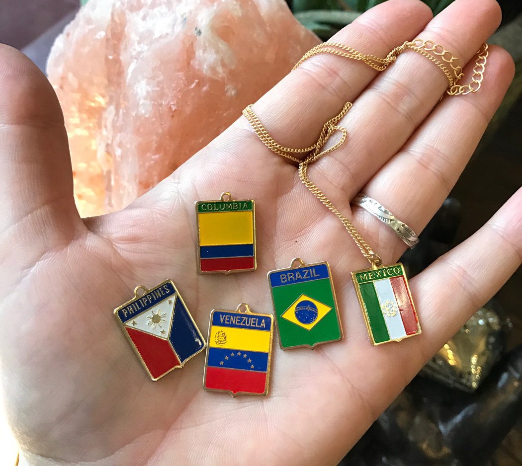 Vintage Enamel Flag Charm Necklace / Bracelet – You Choose the Country –  Mexico – Venezuela – Columbia – Brazil – Philippines – Yugoslavia
