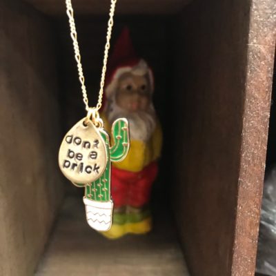 cactus necklace with an engraved charm saying dont be a prick with a gnome hiding behind it