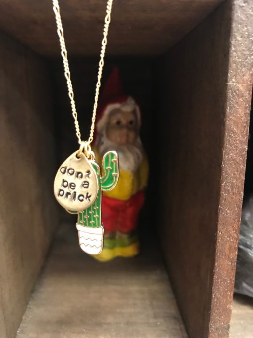 cactus necklace with an engraved charm saying dont be a prick with a gnome hiding behind it