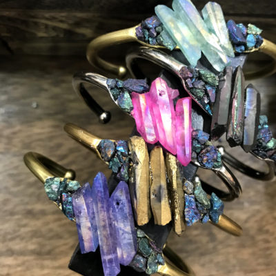 brass cuff bracelet embellished with bright aura quartz and peacock ore