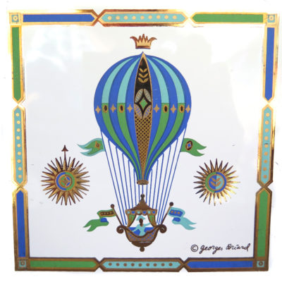 vintage tile featuring a blue green and bronze hot air balloon with compass