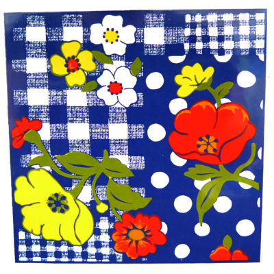 red white and yellow flowers with blue and white plaid background tile