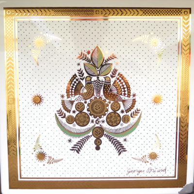 two doves in a floral bouquet design with green gold and white colors square tile