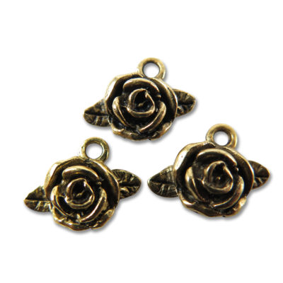 antiqued gold plated rose flower with leaves charm