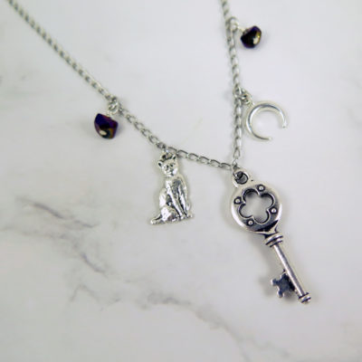 skeleton key necklace with cat moon and stones