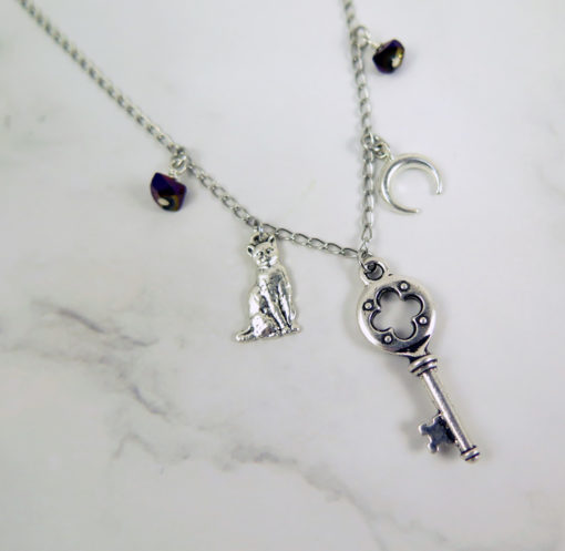 skeleton key necklace with cat moon and stones