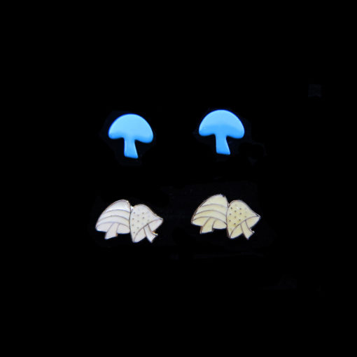 blue and white enamel mushroom earrings