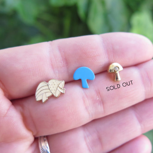 blue and white enamel mushroom earrings