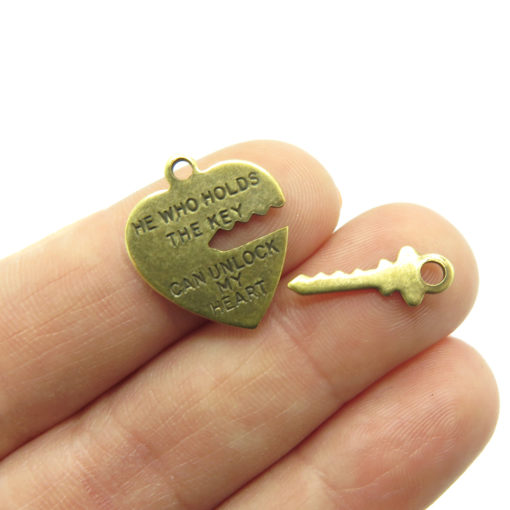 heart lock and key charm - antiqued brass -