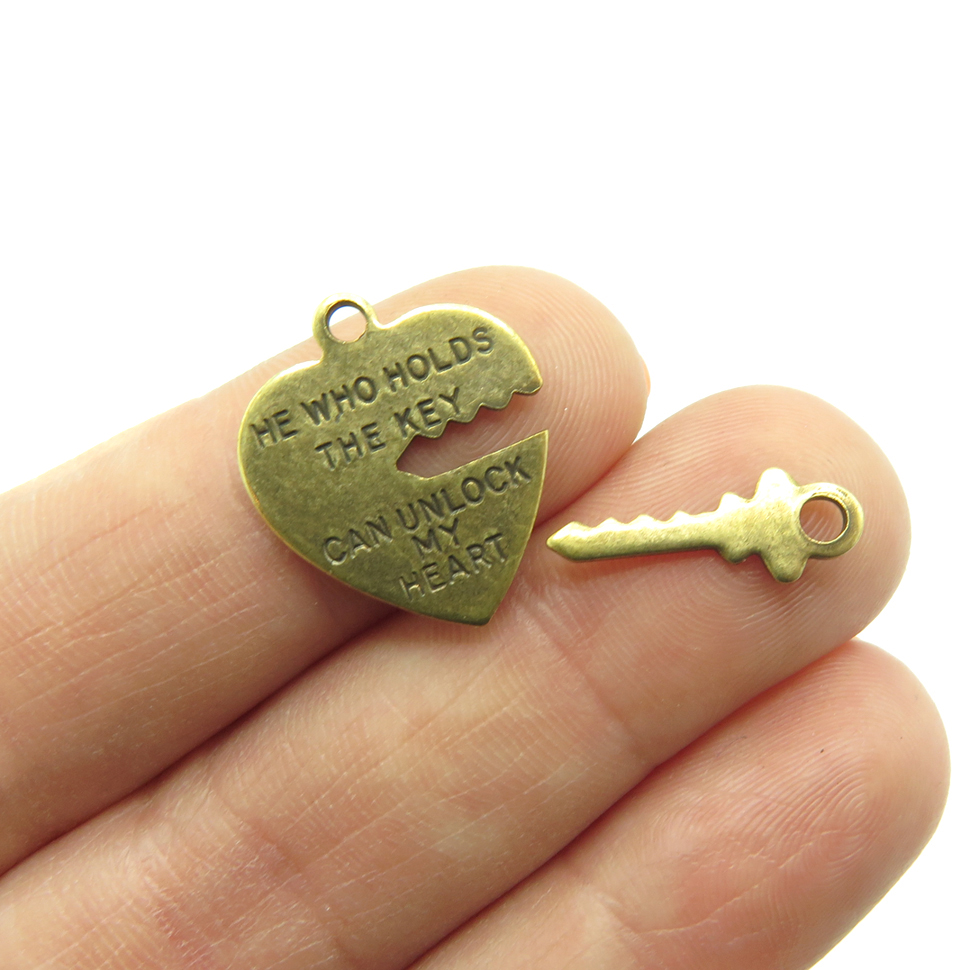 Charm - Lock with Heart Shape Key Hole, Antique Gold