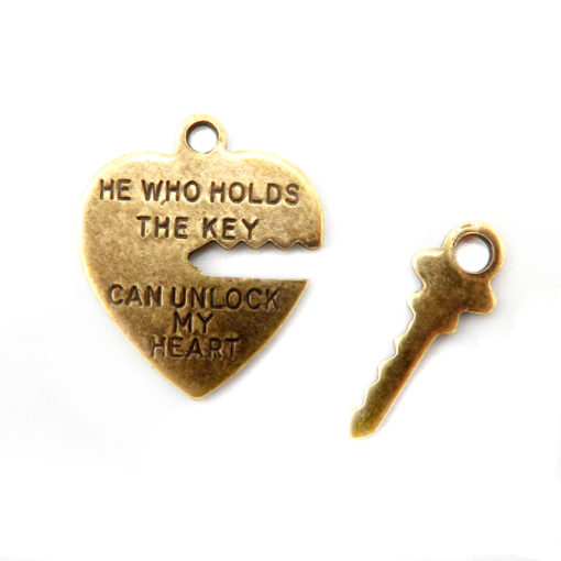 heart lock and key charm - antiqued brass