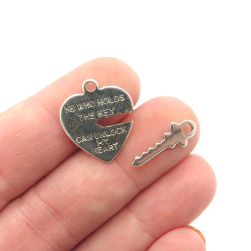 heart lock and key charm - antiqued silver