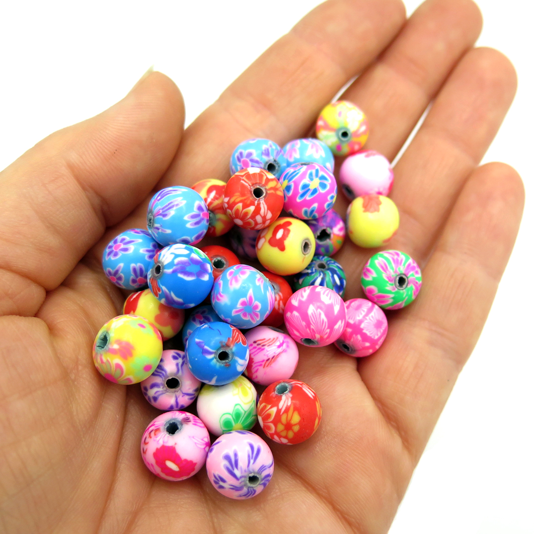 200x Round Flower Printed Handmade Polymer Clay Beads For Jewelry Making 10mm 