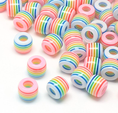 Thin Striped Rainbow Plastic Resin Beads ~ Large Hole ~ 10mm X 11mm