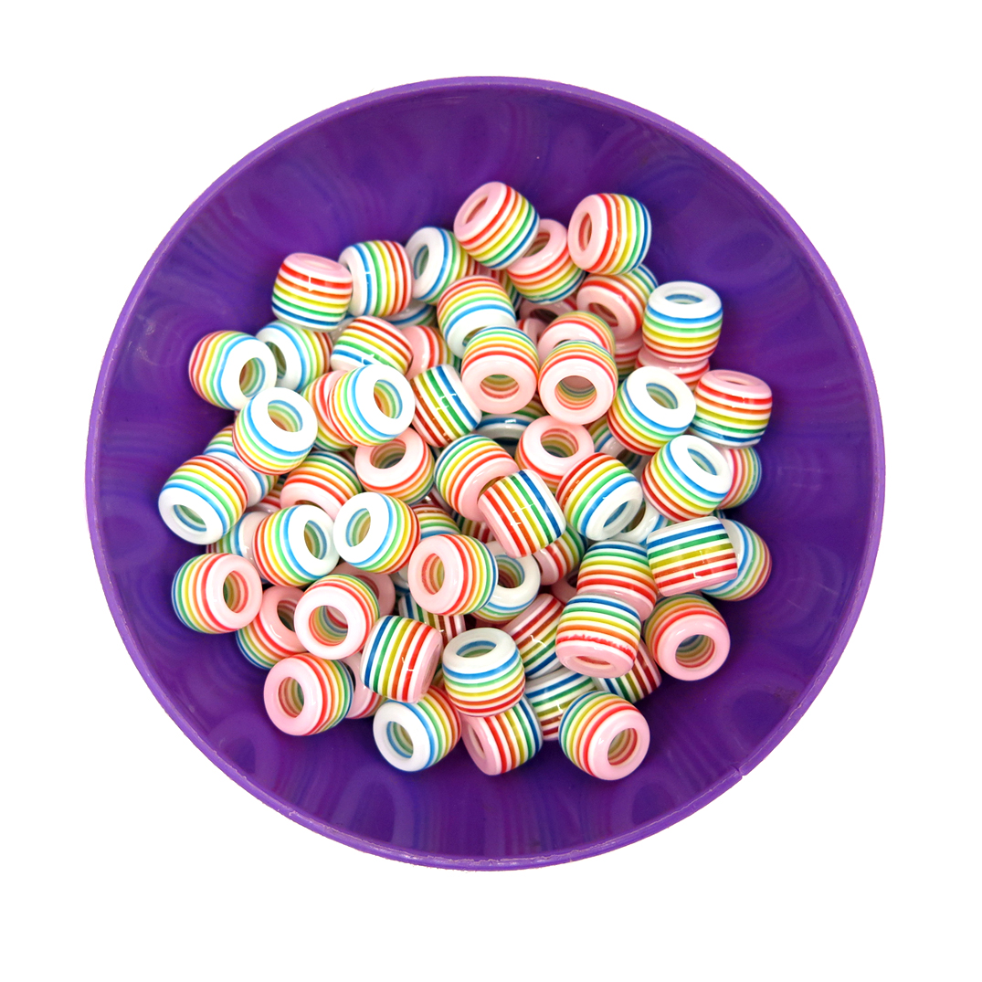 Thin Striped Rainbow Plastic Resin Beads ~ Large Hole ~ 10mm X 11mm
