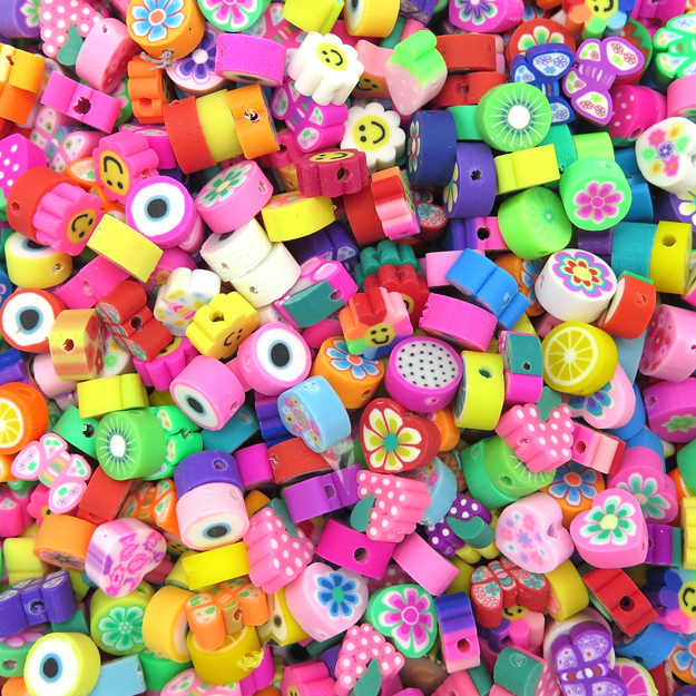 Random Mix of Polymer Clay Beads – Flowers ~ Fruit ~ Smiley Face ~ Evil Eye  ~ Butterfly and More!