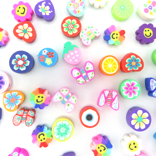 Random Mix of Polymer Clay Beads – Flowers ~ Fruit ~ Smiley Face ~ Evil Eye  ~ Butterfly and More!