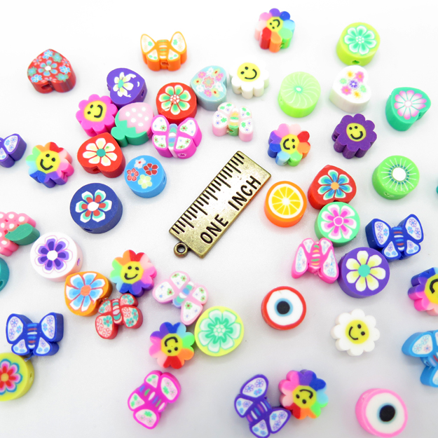 Random Mix of Polymer Clay Beads Flowers Fruit Smiley Face Evil