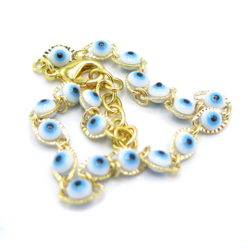 blue evil eye bracelet with gold plated chain and findings