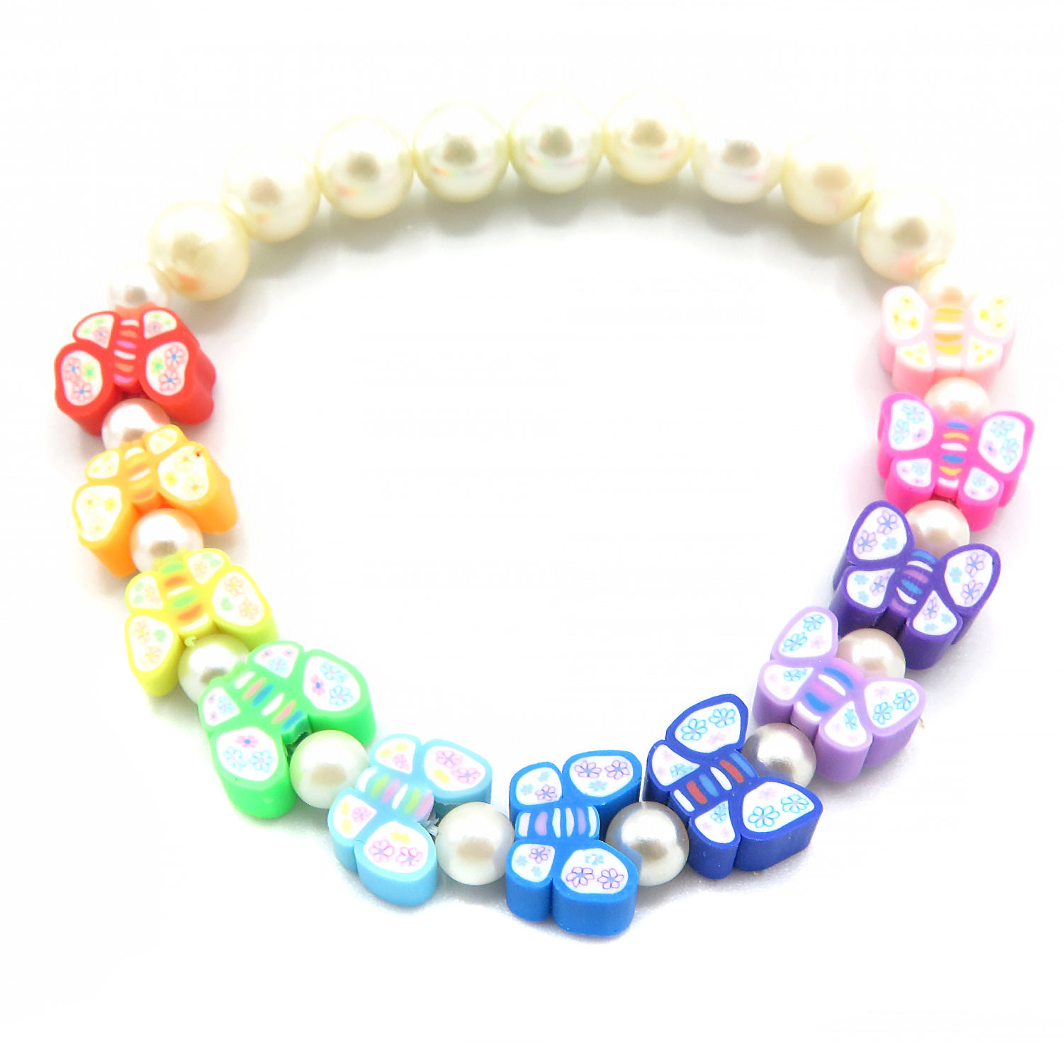 Rainbow Butterfly Polymer Clay Bead & Faux Pearl Bracelet