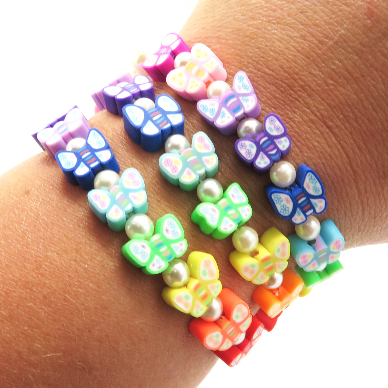 Rainbow Butterfly Polymer Clay Bead & Faux Pearl Bracelet