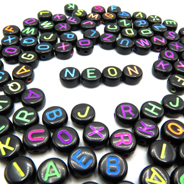 Black Plastic Alphabet Beads With Neon Colored Letters